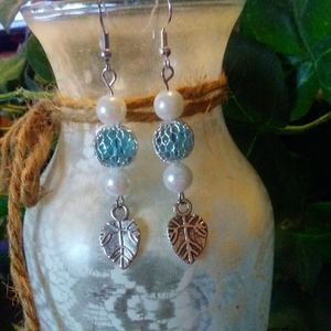 Dangle Earrings w/ Ocean Blue, leaf and pearls.